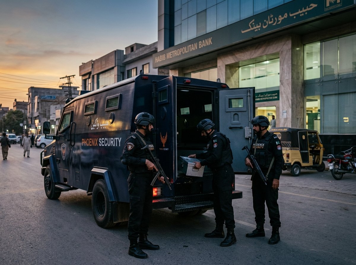 Alpha Security armored cash-in-transit van and armed guards in Pakistan